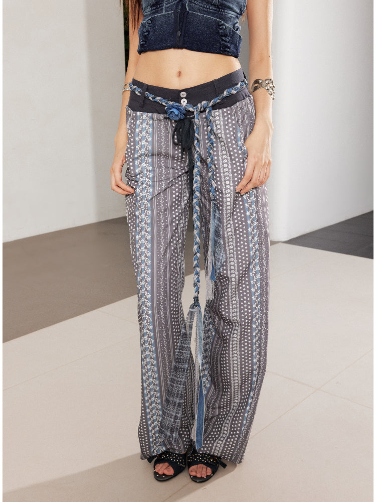 Printed Spliced Low-Waist Striped Wide-Leg Pants - CHINASQUAD