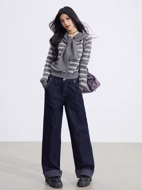 Striped Knit Cardigan & Shawl Two-Piece Set