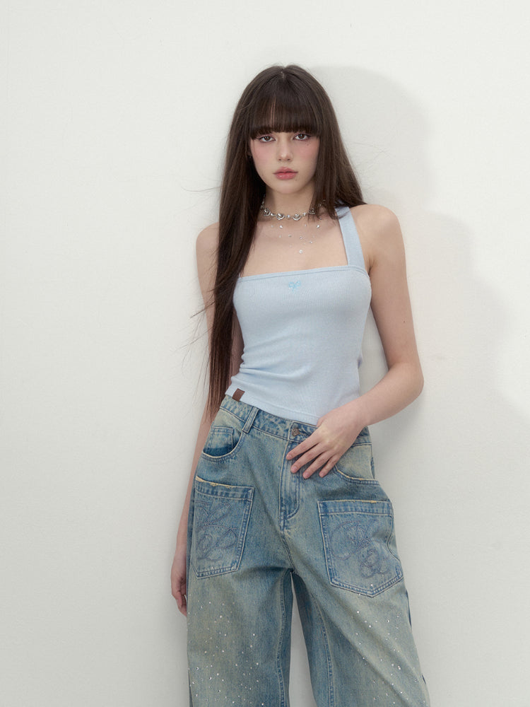 Embroidered Bow Shoulder Strap Slimming Camisole - CHINASQUAD