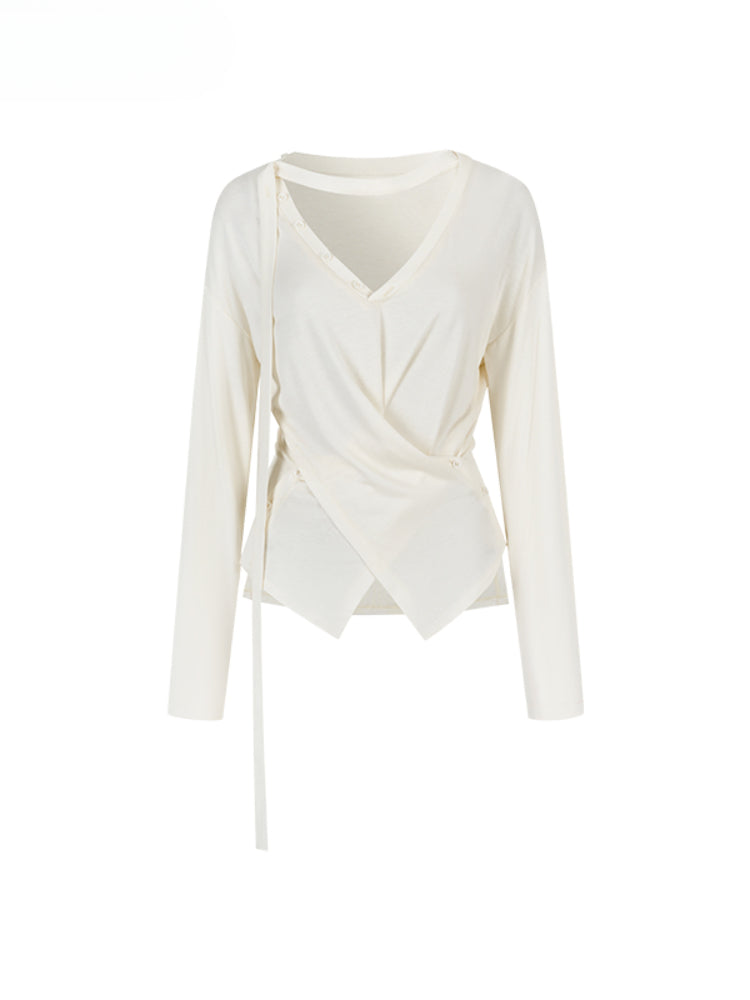 V-Neck Drawstring Waist Buttoned Blouse - CHINASQUAD