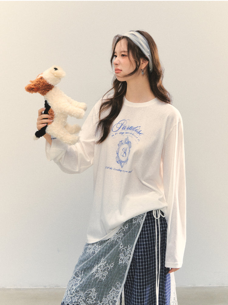 White Crew-Neck College Print Long-Sleeve T-Shirt - CHINASQUAD