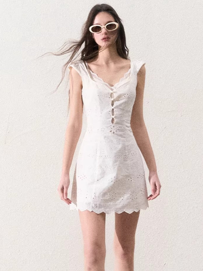 Cream White Lace-Panel Slim Fit Textured Dress