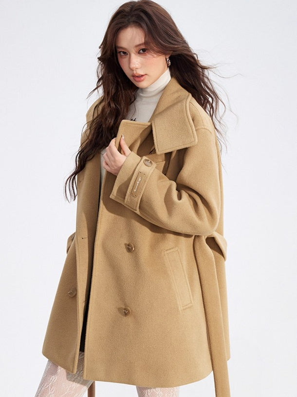 Double-Breasted Wool Blend Stand-Collar Coat