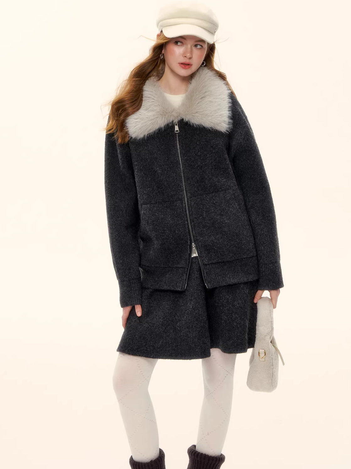 Wool-Blend Zip-Up Knit Jacket