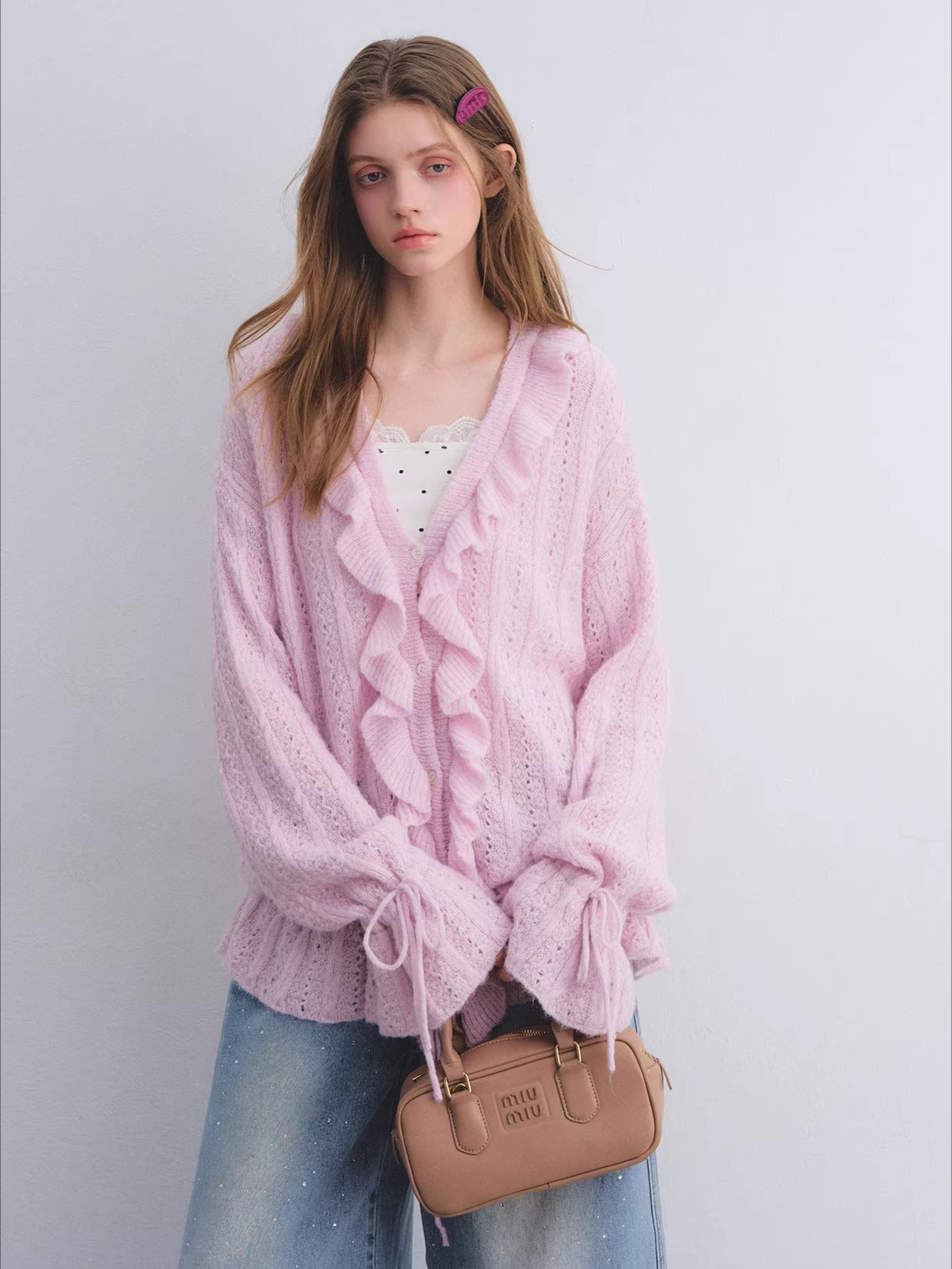 Wool Mohair Drawstring Waist Cardigan