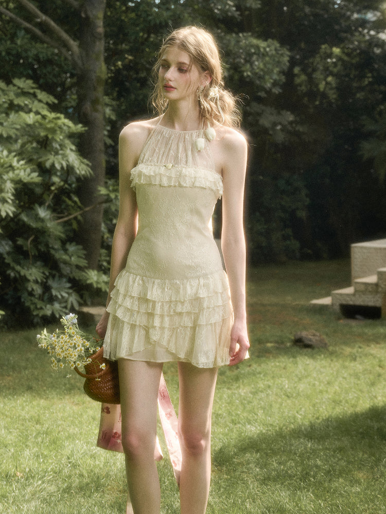 Light White Lace Halter Neck Slip Short Dress - CHINASQUAD