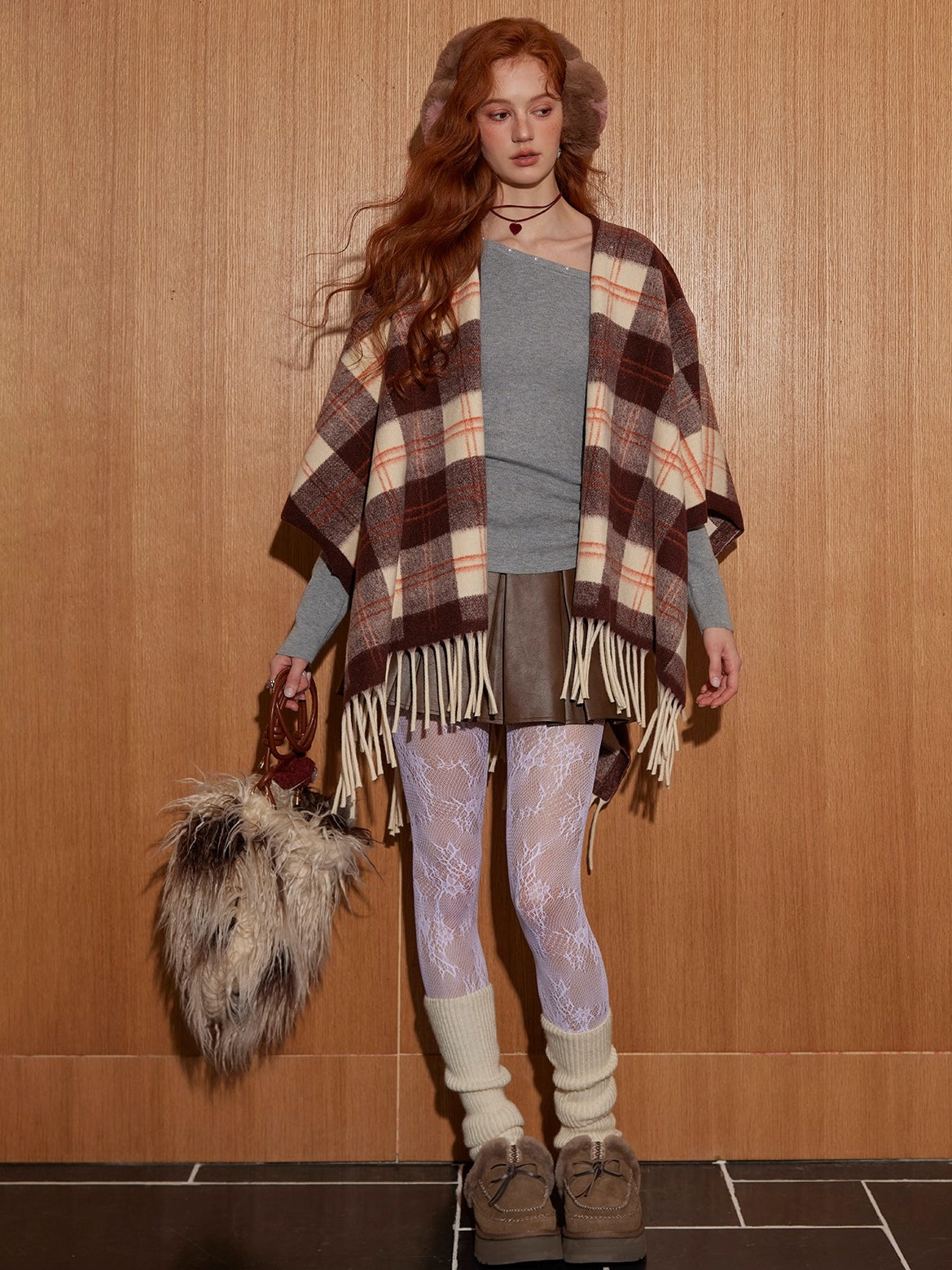 Vintage Plaid Fringe Shawl Scarf