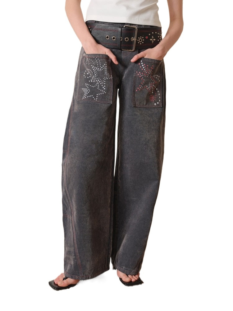 Wash Wide-Leg Star Print Jeans - CHINASQUAD