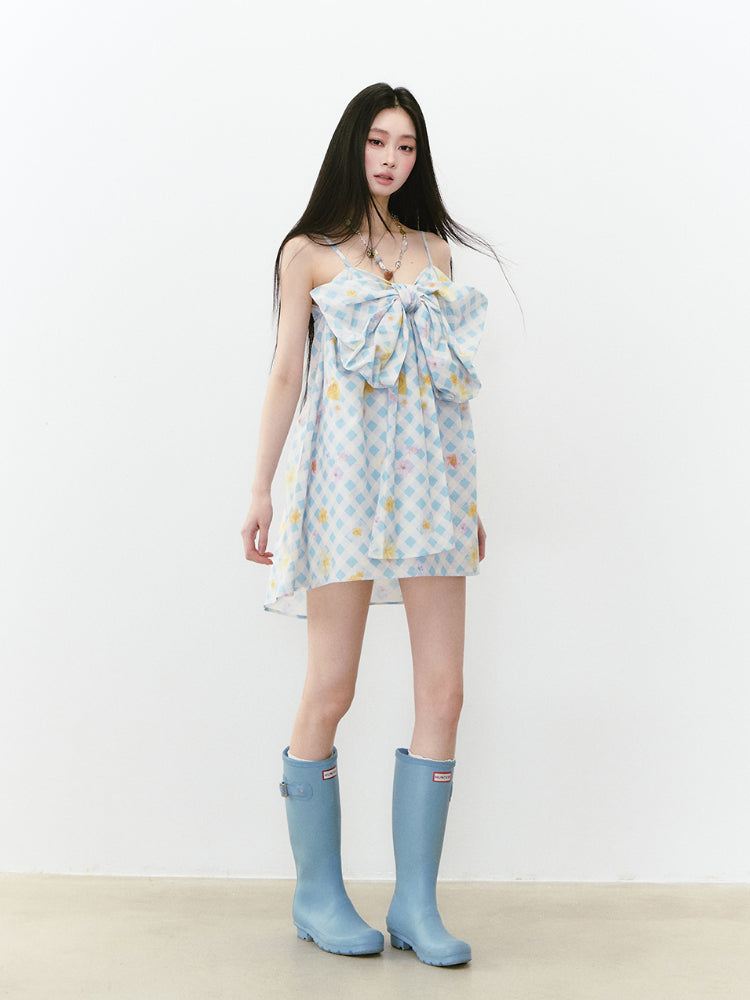 Plaid Floral Bow Print Spaghetti Strap Dress - CHINASQUAD