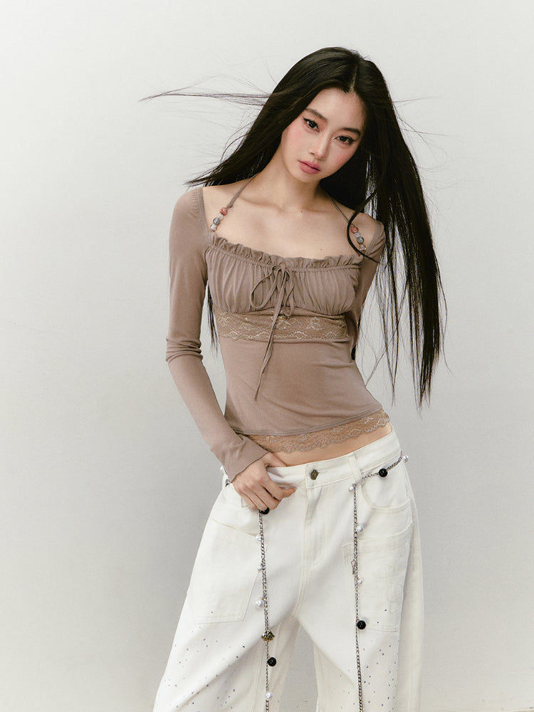 Lace Panel Beaded Acetate T-shirt - CHINASQUAD