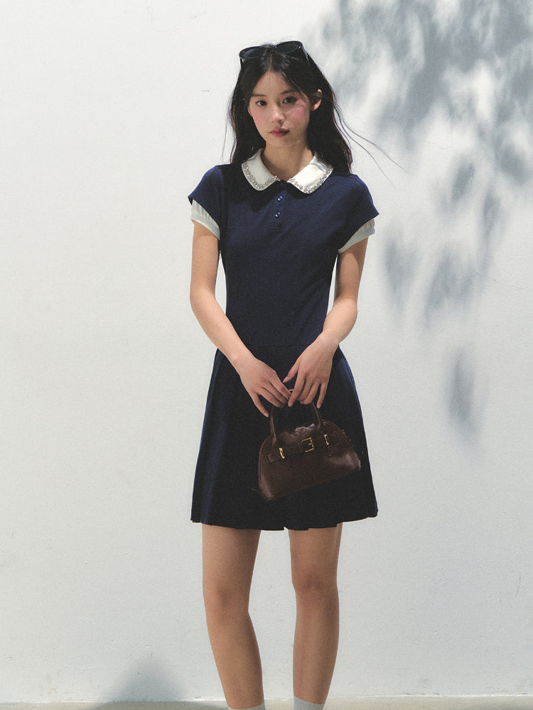 Polo Collar Rhinestone Pleated Dress - CHINASQUAD