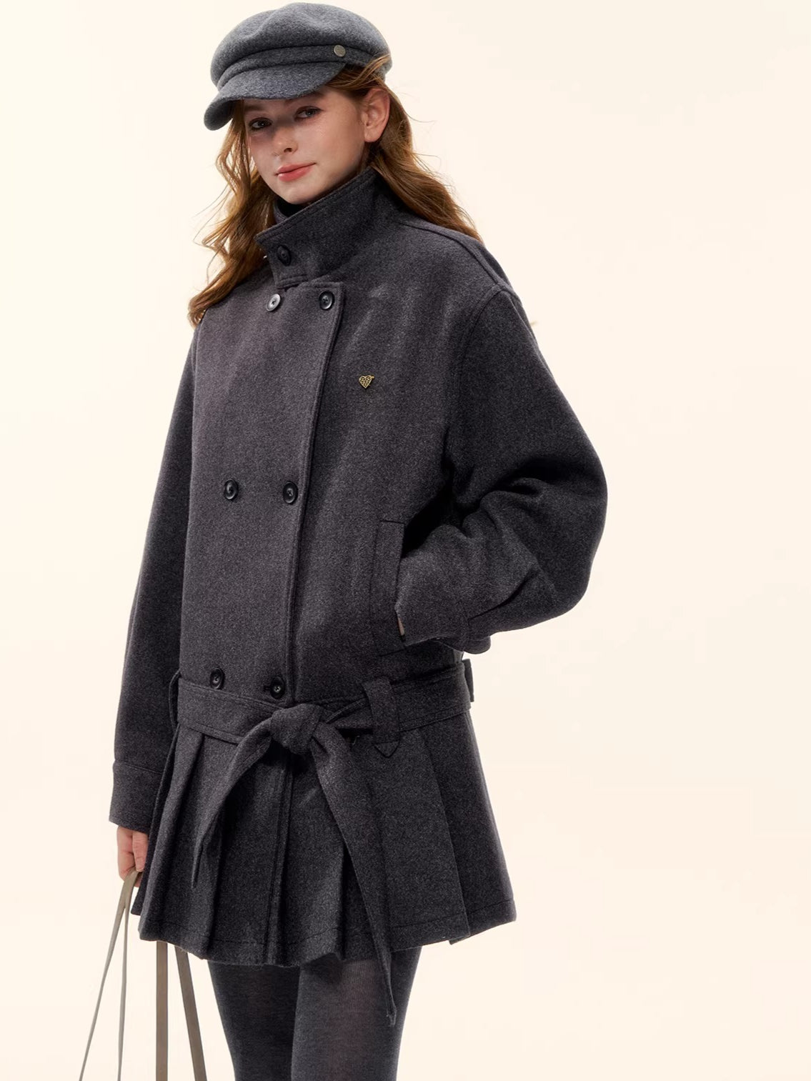 Pleated-Edge Down Wool-Blend Coat