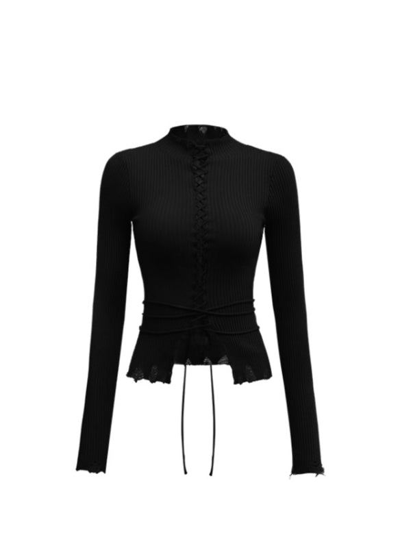 Lace-Up Ribbed Turtleneck - CHINASQUAD