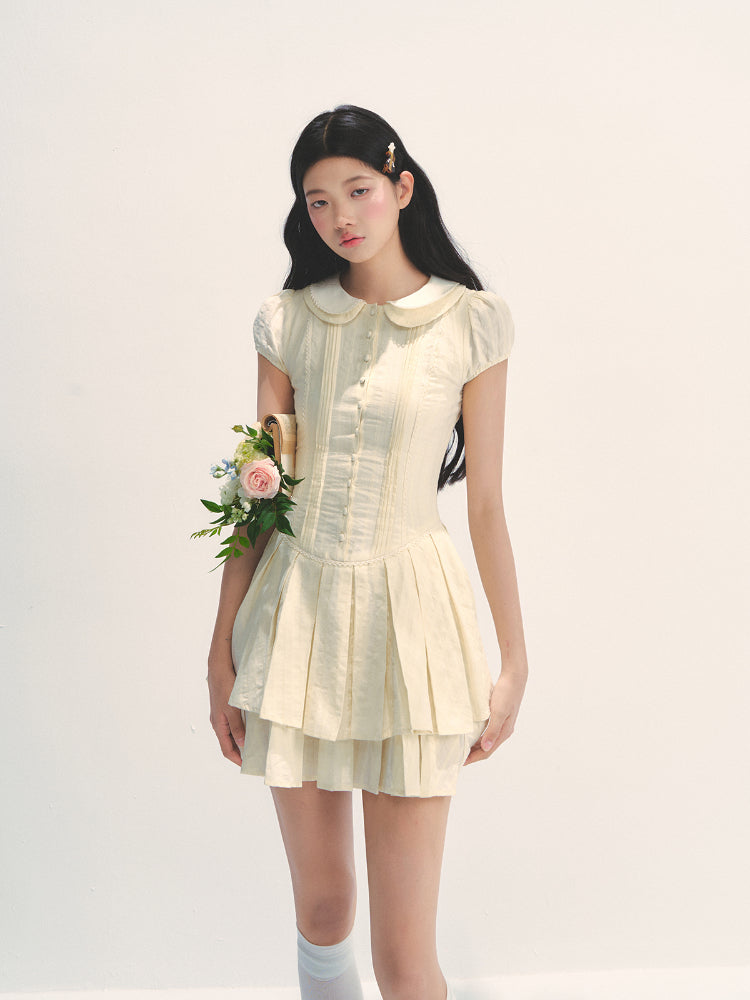 Doll Collar Waist-Cinched Pleated Shirt Dress - CHINASQUAD