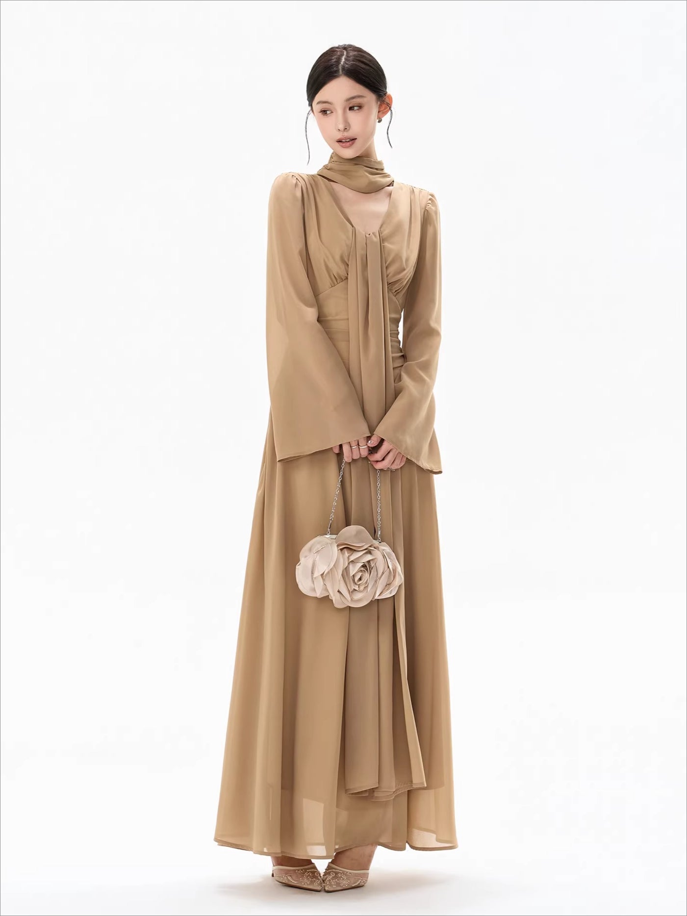 French Ribbon-Tie V-Neck Chiffon Maxi Dress