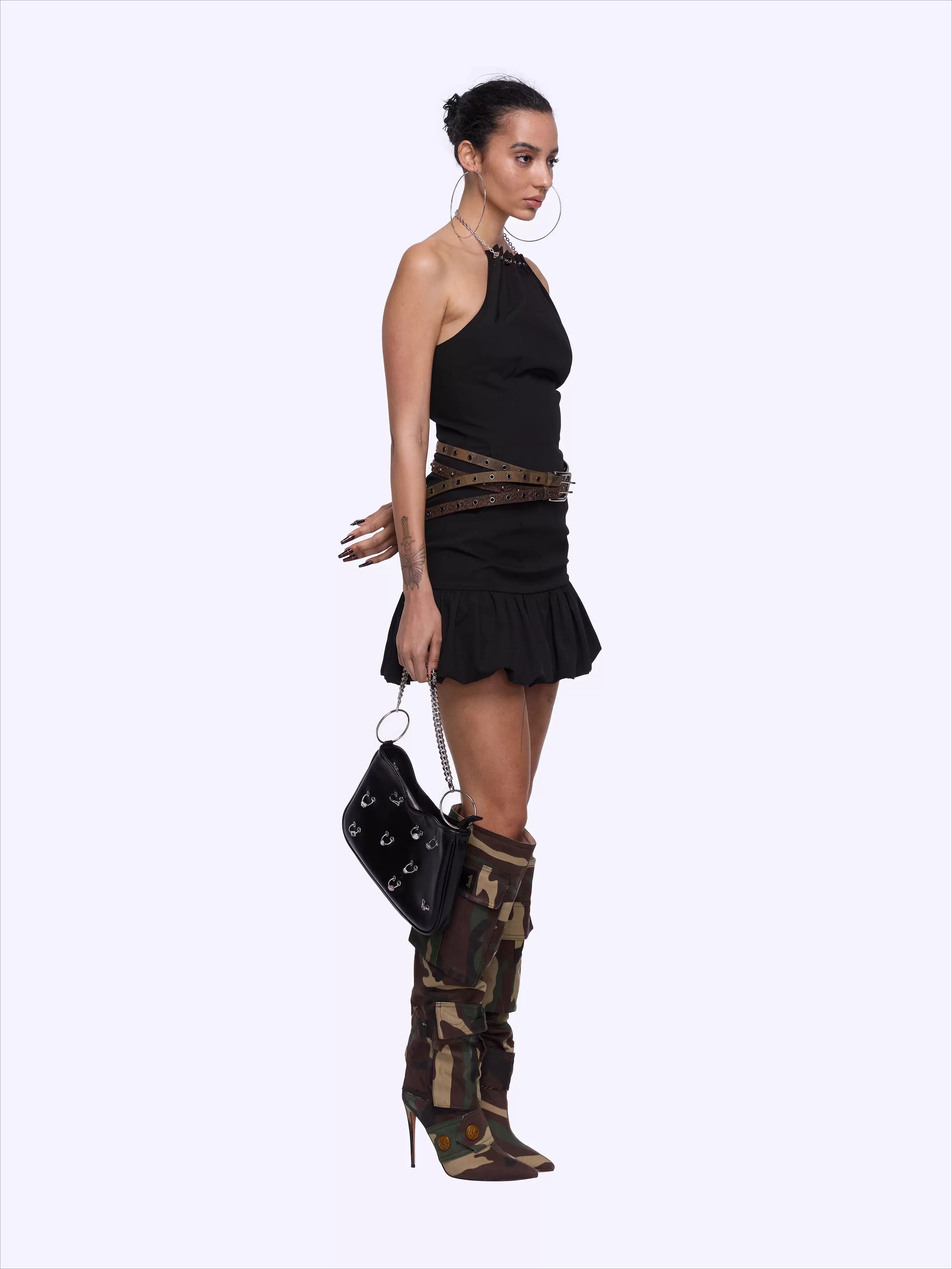 Chain Halter Bubble-Waist Mini Dress