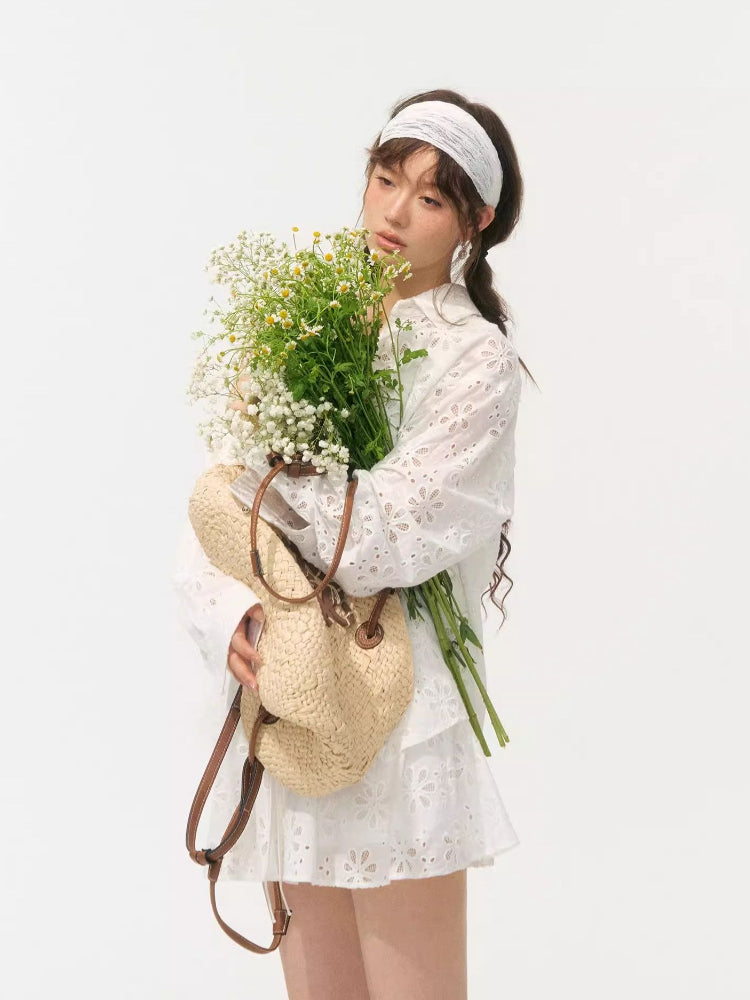 Collar Cut-Out Floral Shirt & Skirt Set - CHINASQUAD