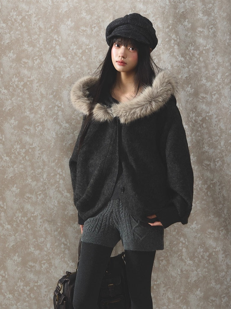 Fur Collar Wool-Blend Batwing Cape