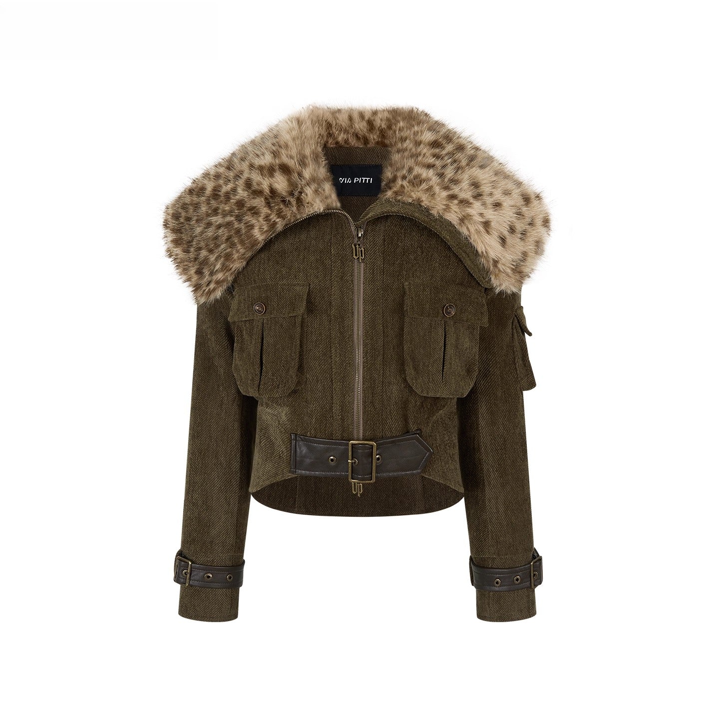 Leopard Faux Fur Collar Belted Puffer Jacket