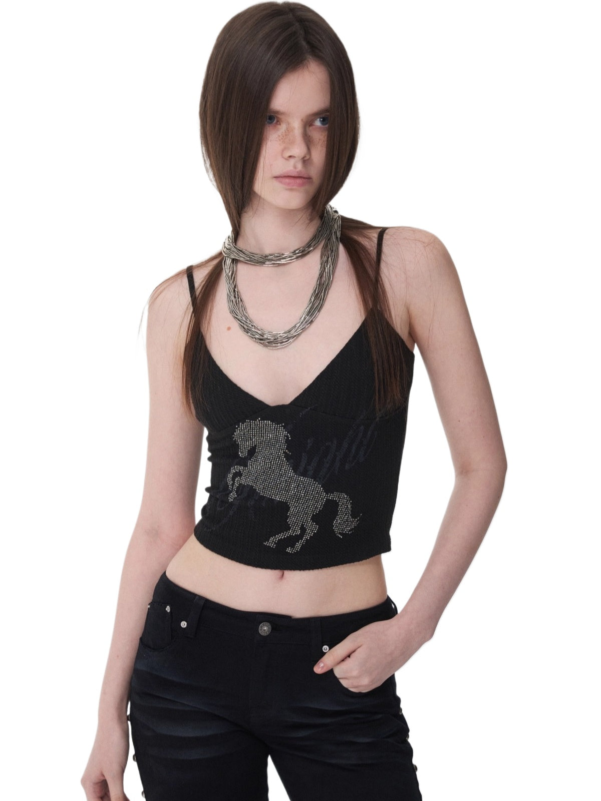 Knight Horse Rhinestone Cable-Knit Camisole - CHINASQUAD