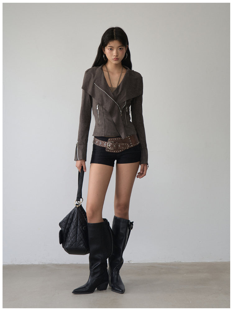 Large Collar Short Suede Jacket - CHINASQUAD