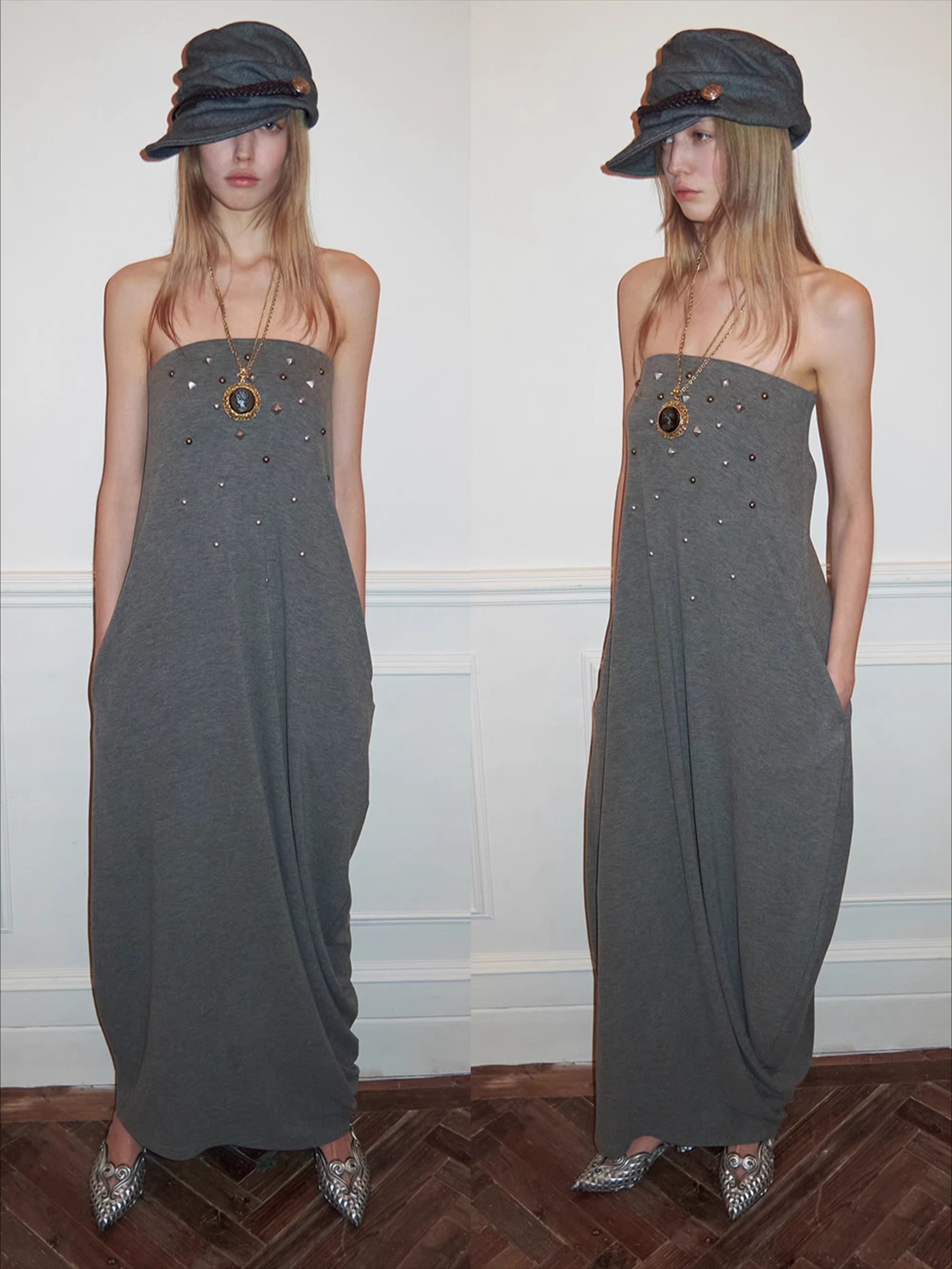 Studded Sculptural Strapless Maxi Dress