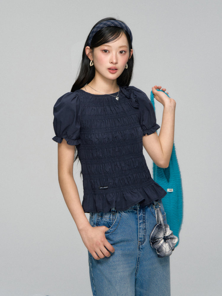 Three-Dimensional Flower Pleated Short-Sleeve Blouse - CHINASQUAD