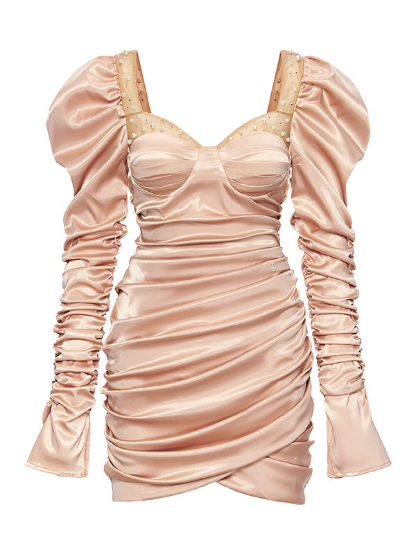 Ruched Beaded Satin Bodycon Dress FInal Sale: Sheer Luck