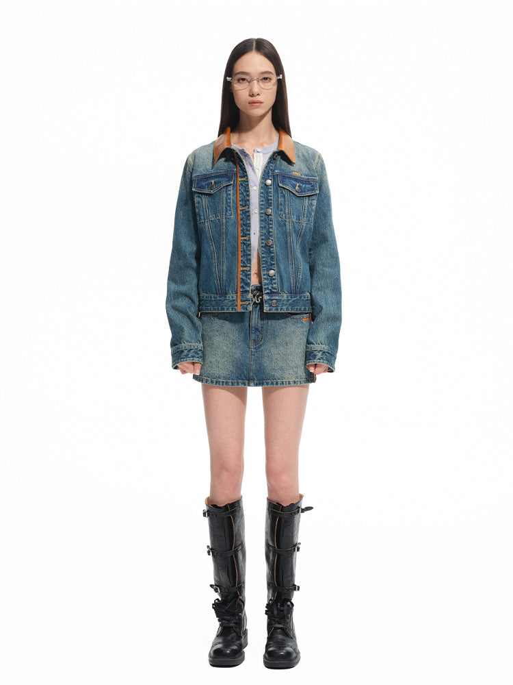 Washed Denim Twill Leather Patchwork Mini Skirt - CHINASQUAD