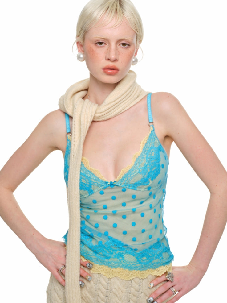 Double-Layer Polka Dot Lace Trim Tank Top - CHINASQUAD