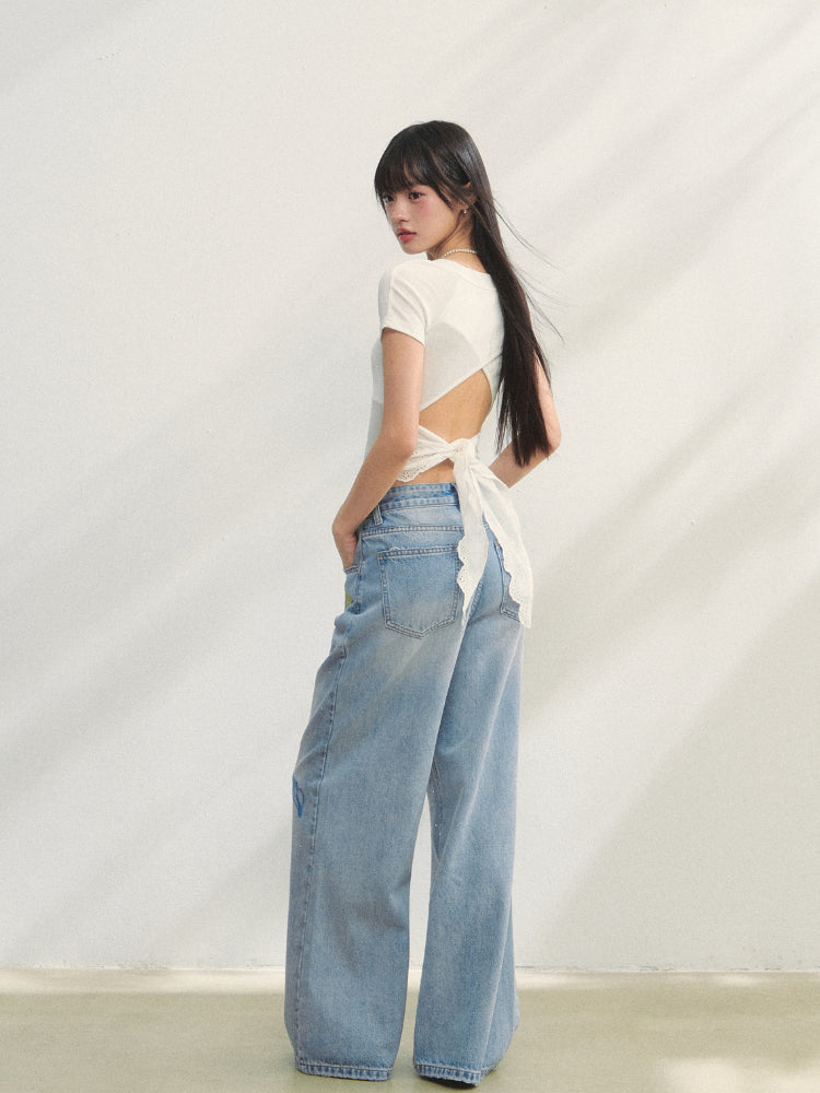 Crew Neck Printed Backless Embroidered T-Shirt - CHINASQUAD