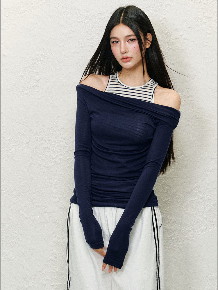 Fake Two-Piece Off-Shoulder Colorblock T-shirt - CHINASQUAD