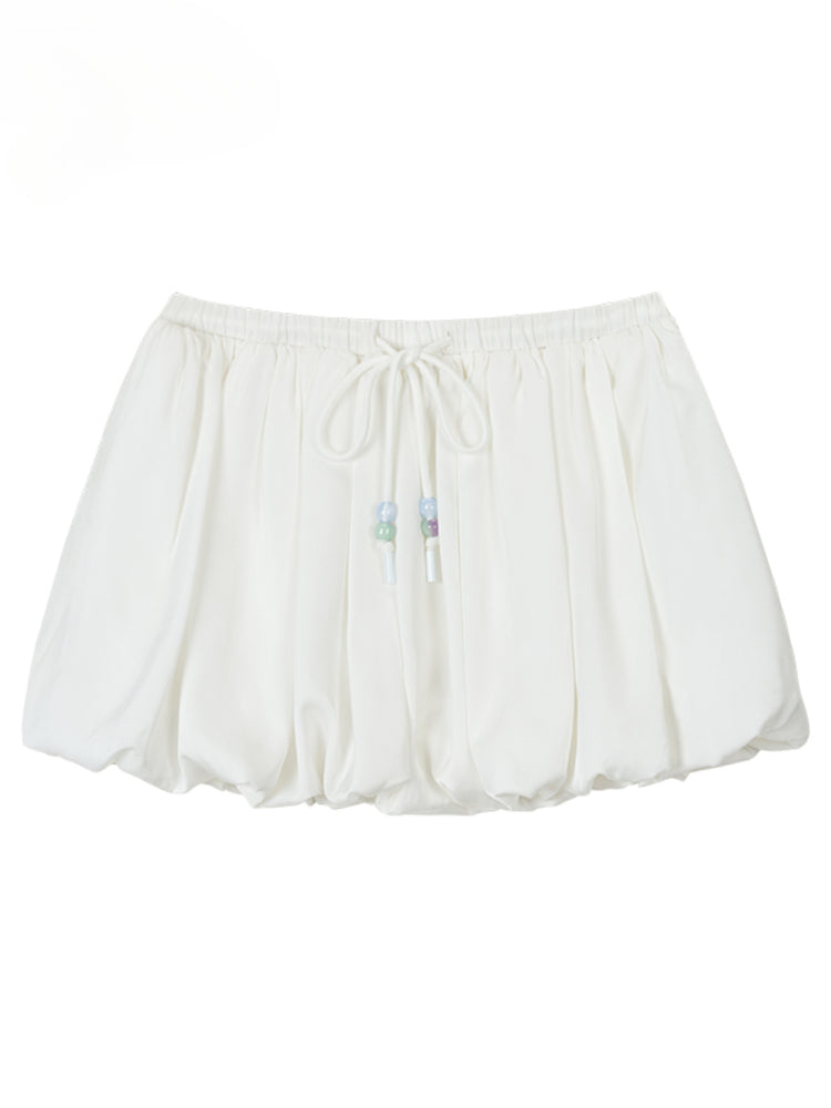 White Satin Tie-up Puff Skirt - CHINASQUAD