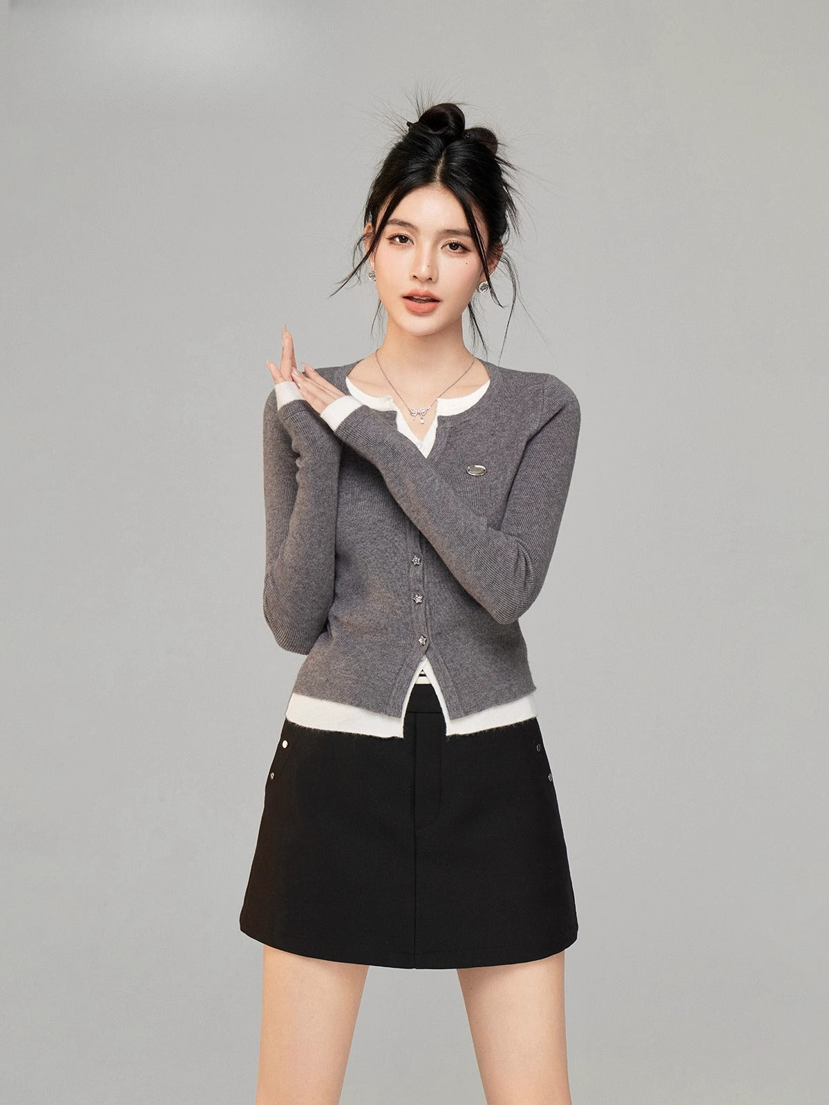 Contrast Layered Knit Cardigan - CHINASQUAD