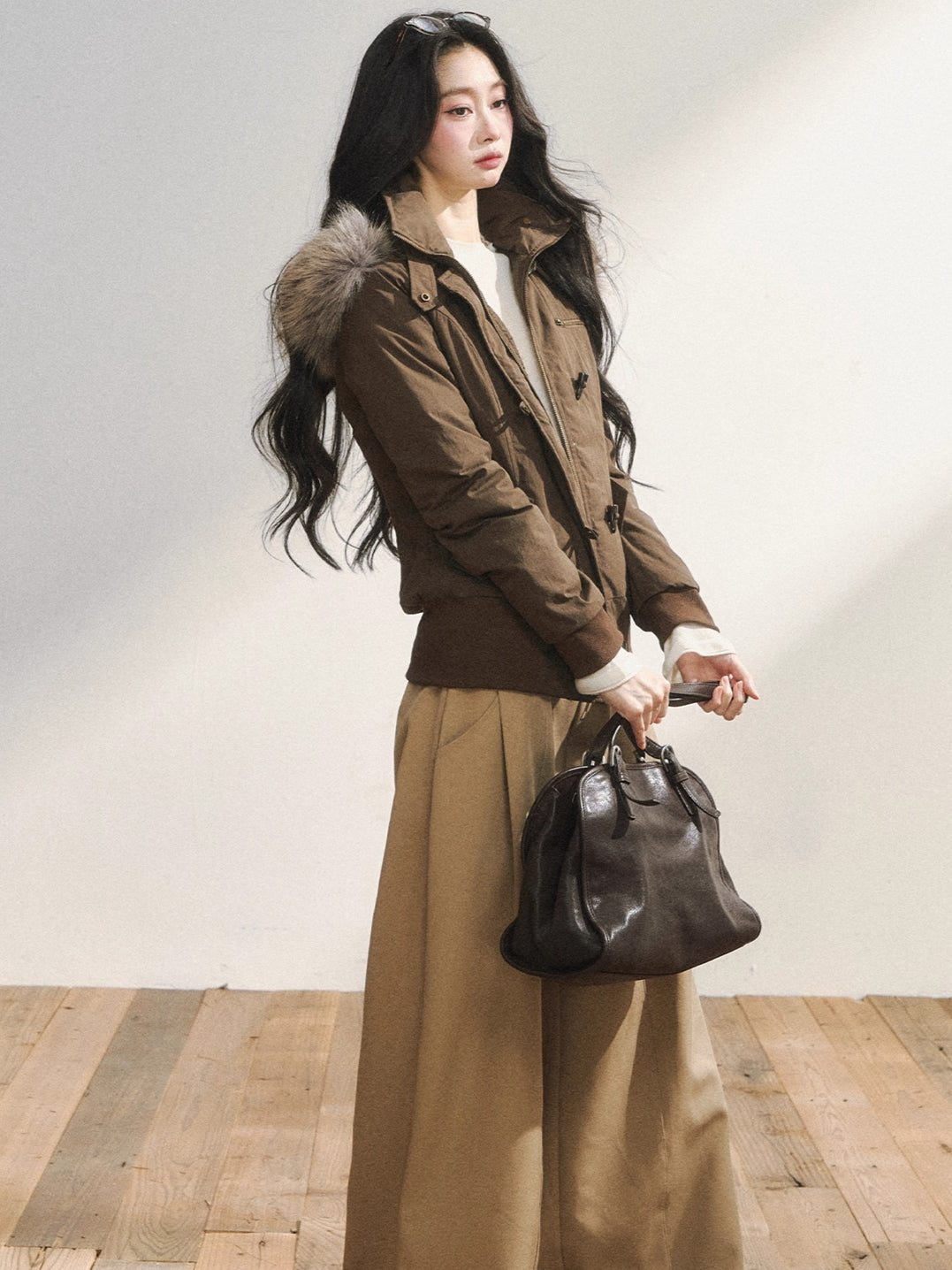 Two-Tone Faux Fur Collar Hooded Duffle Puffer Jacket