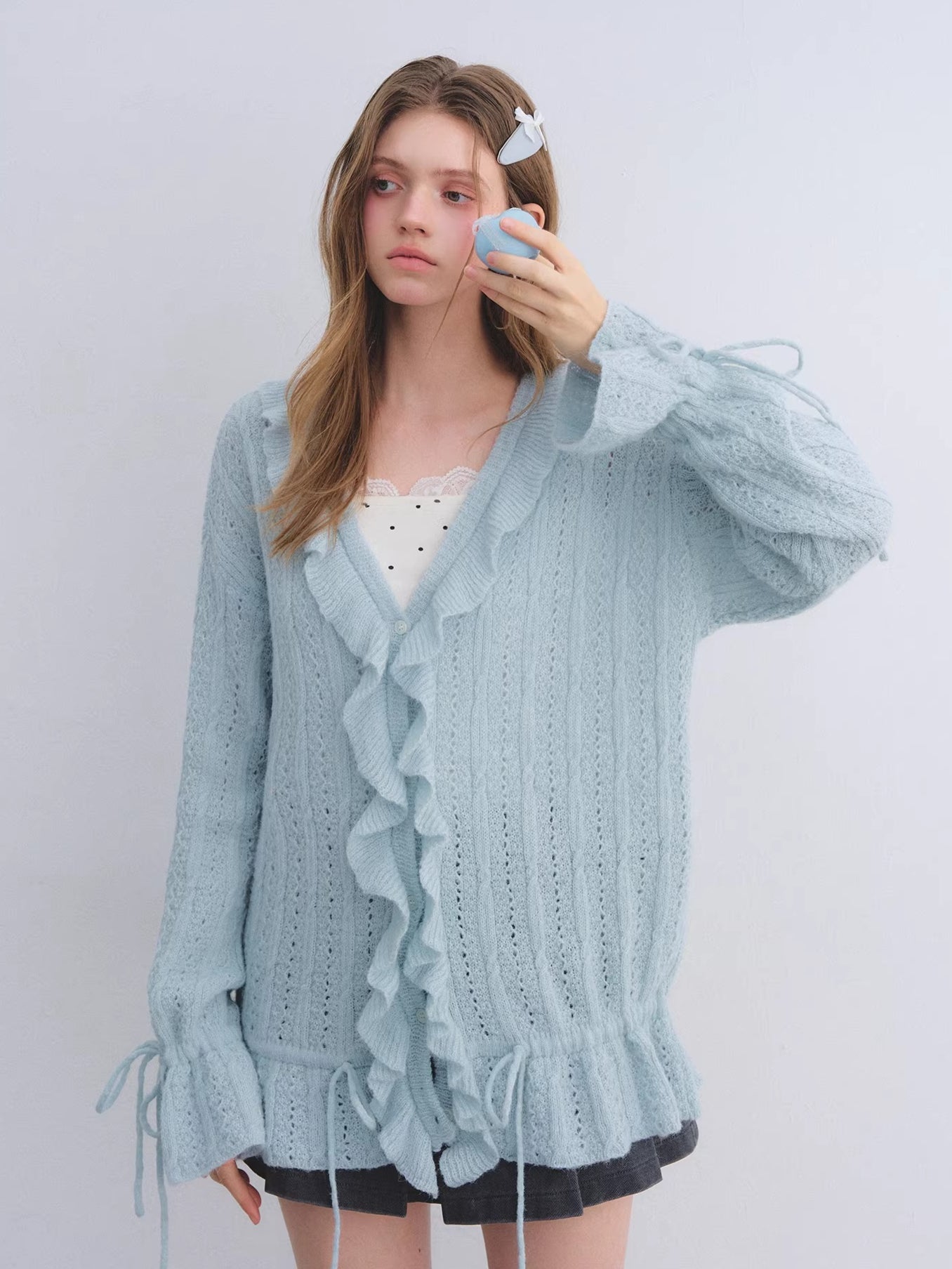 Wool Mohair Drawstring Waist Cardigan