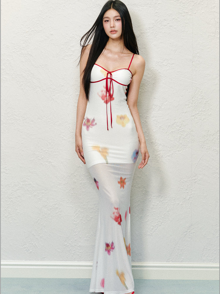 Sheer Colorblock Printed Dress - CHINASQUAD