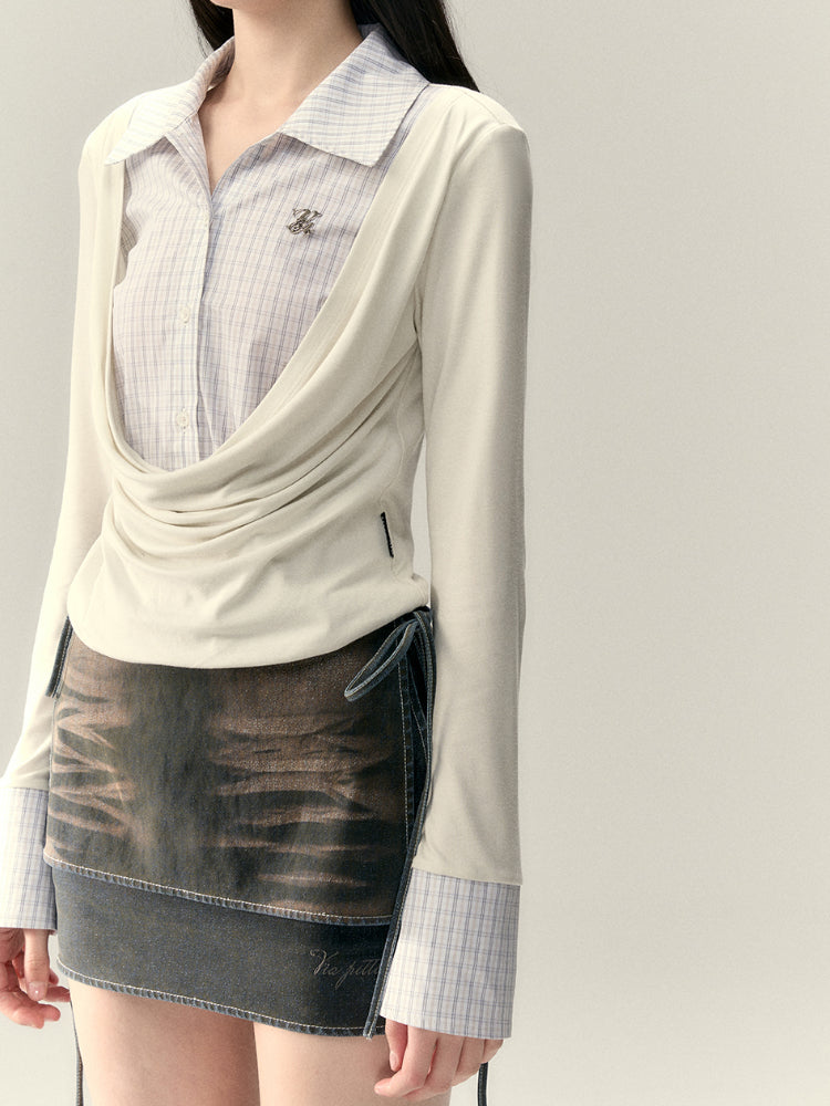 Fake Two-Piece Plaid Spliced Shirt - CHINASQUAD