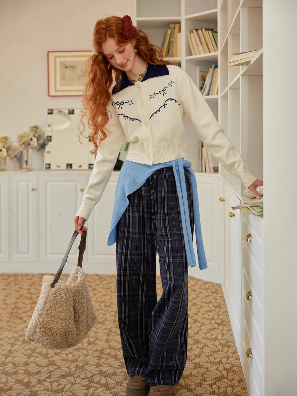 Plaid Patchwork Double-Waist Relaxed Straight Pants