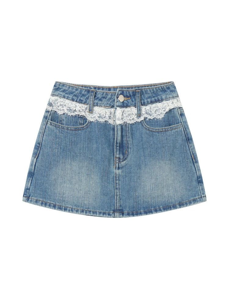 Blue Lace-Trim Denim Skirt - CHINASQUAD