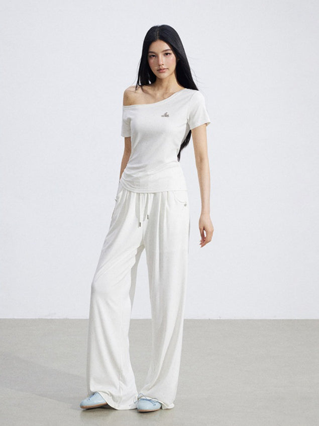 Off-Shoulder Draped Top Wide-Leg Pants Two-Piece Set