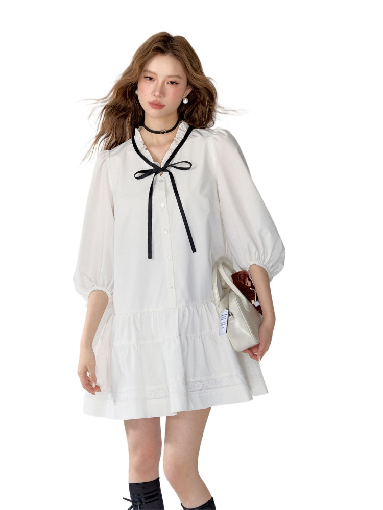 White Bowknot Tied Pleated Shirt Dress - CHINASQUAD