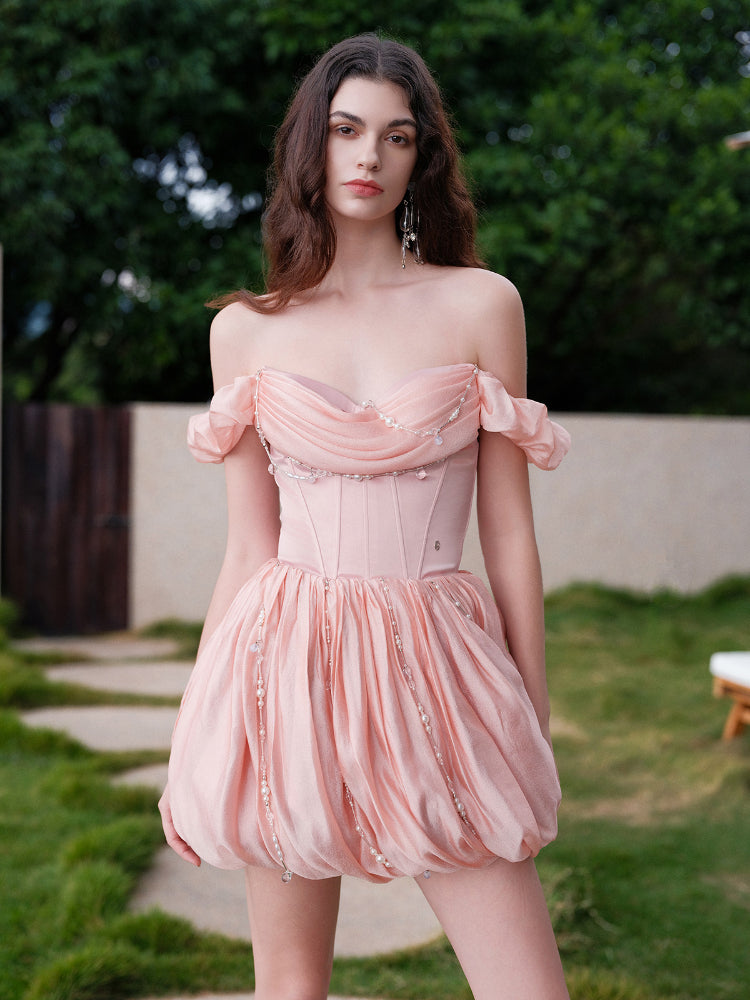 Strapless Waist Cinched Puff Dress - CHINASQUAD