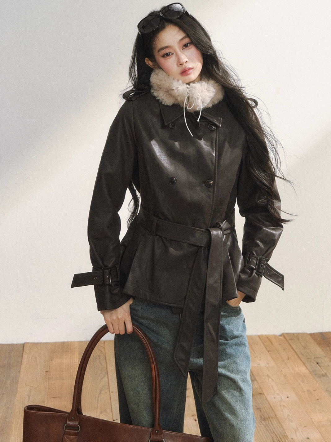 Vintage Brown Belted Faux Leather Wool Jacket