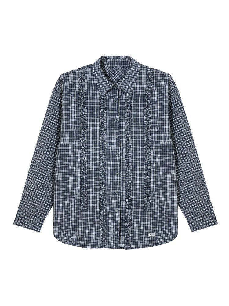 Plaid Ruffle Pleated Loose Long-Sleeve Shirt