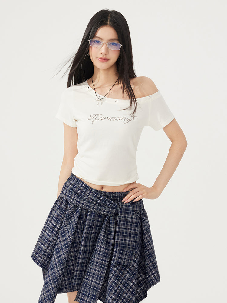 High-Elasticity Star-Studded Diagonal Shoulder T-Shirt - CHINASQUAD