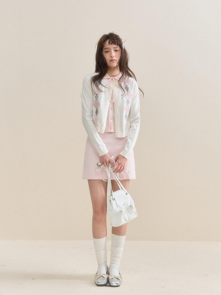 Faux Two-Piece Pink and White Argyle Knit - CHINASQUAD