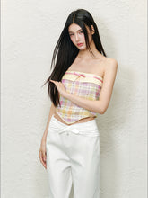 Color-block Plaid Bow Strapless Top - CHINASQUAD