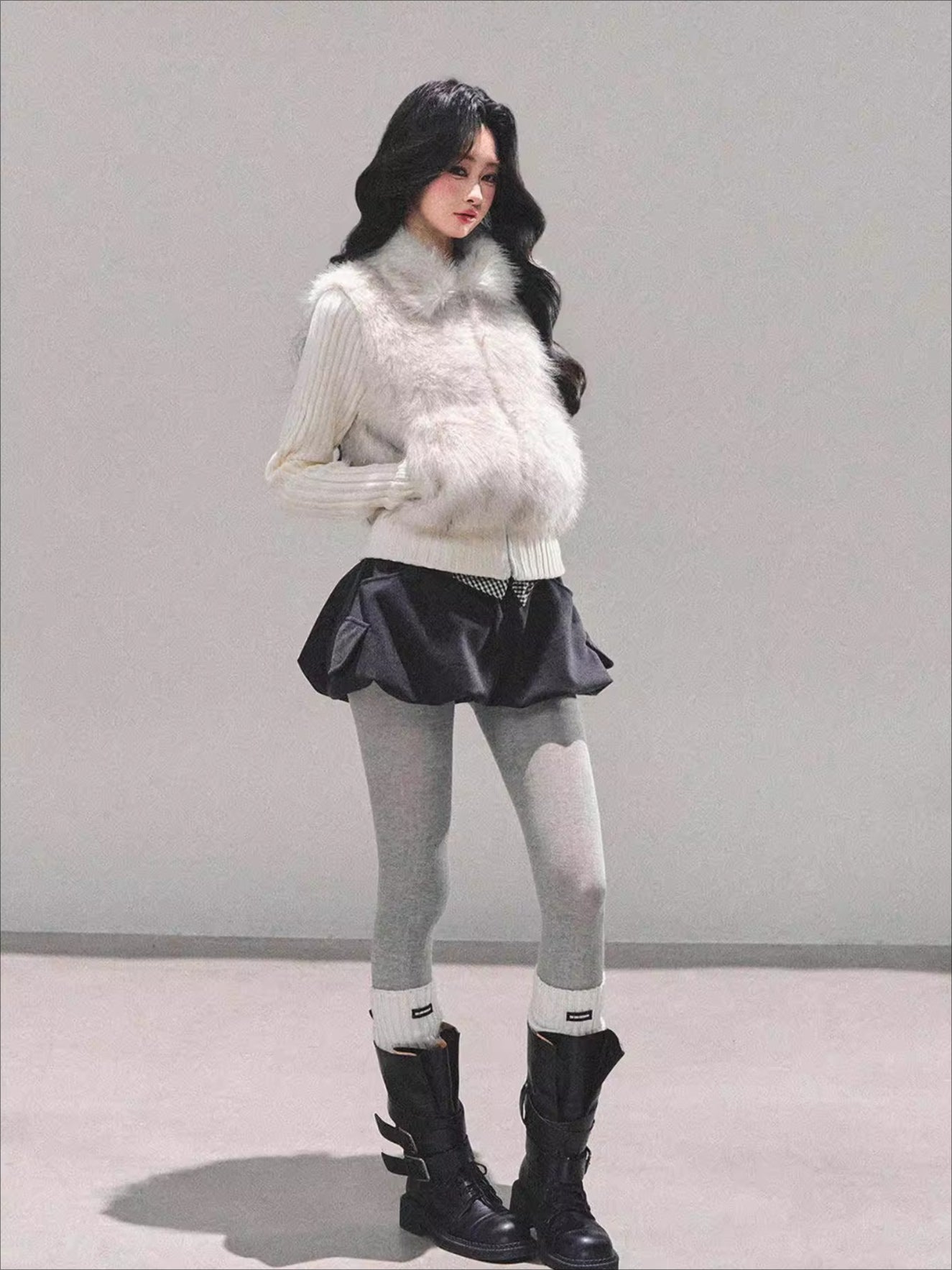 Faux Two-Piece Eco Fur Knit Jacket