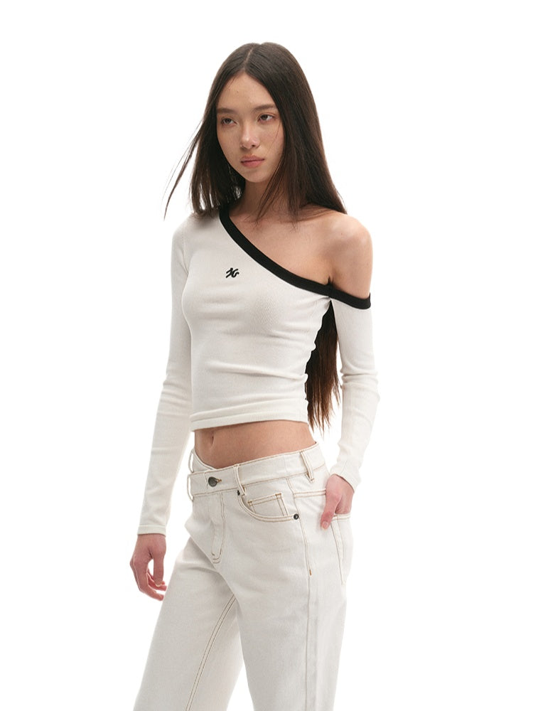 Asymmetrical Shoulder Slim-Fit Long-Sleeve Top - CHINASQUAD